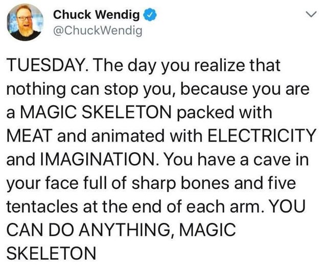 Tweet from Chuck Wendig: "TUESDAY. The day you realize that nothing can stop you, because you are a MAGIC SKELETON packed with MEAT and animated with ELECTRICITY and IMAGINATION. You have a cave in yoru face full of sharp bones and five tentacles at the end of each arm. YOU CAN DO ANYTHING, MAGIC SKELETON
